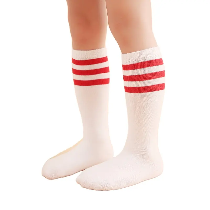 Meias infantis de algodão com listras para meninos e meninas, meias brancas para patins escolares, meias para bebês, meias para escola, meias altas até o joelho