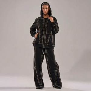 Women Black Hooded <b>Eco</b>-friendly Lightweight Tracksuit Set Full Sleeve Zipper Closure Loose Fit Rhinestone <b>Dot</b> Pattern Streetwear - Product Image 1