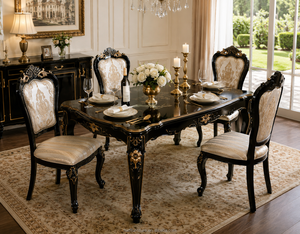Sedia da Pranzo Tradizionale Europea Elegante in Legno Massello Laccato Nero e Dorato a Mano, con Intagli e Imbottitura, Arredamento per Sala da Pranzo - Product Image 4