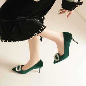 6681N-198 Zapatos de Tacón de Terciopelo con Punta Puntiaguda, Tacón de Aguja, Hebilla con Pedrería, Zapatos de Novia, Tacón Alto, Tendencia de Moda, Color Sólido - Product Image 3