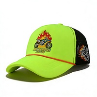 Casquette de baseball 5 panneaux en maille respirante personnalisée, style moto tendance, motif flamme tout-terrain brodé, visière large