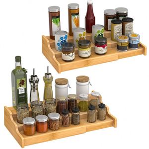Organisateur de cuisine extensible à 3 niveaux en bambou, étagère à épices rétractable, organisateur d'armoire de cuisine - Product Image 6