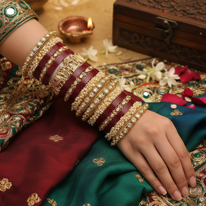 Stylish <b>Gold</b> <b>Plated</b> <b>Bangles</b> Adorned with Pota Stones & Pearls Ethnic Jewelry Set for Girls - Product Image 3