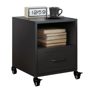 Petite table de chevet portable noire en acier laminé à froid avec tiroir et roulettes pour chambre à coucher - Product Image 1