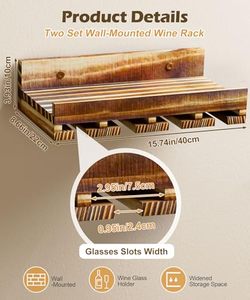 Ensemble de supports à vin muraux, 2 supports à vin <span class=keywords><strong>en</strong></span> bois de pin avec porte-verres, étagères flottantes de <span class=keywords><strong>bar</strong></span> rustiques de style ferme - Product Image 3