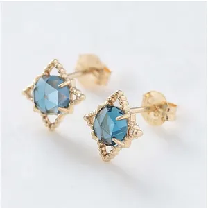 Hot 9K Solid Gold Gemstone Star Hollow Earring London Blue Topaz Stud Earrings