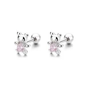 Exquisite Fashion Cute Style 925 Sterling Silver Earrings Jewelry Pink Zircon Bear Stud Earrings