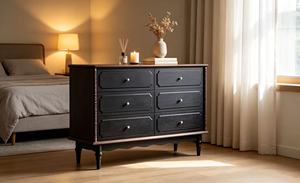 Vintage Black <b>6</b>-<b>Drawer</b> Dresser, Farmhouse Chest with Bobbin Details & White Knobs - Product Image 4
