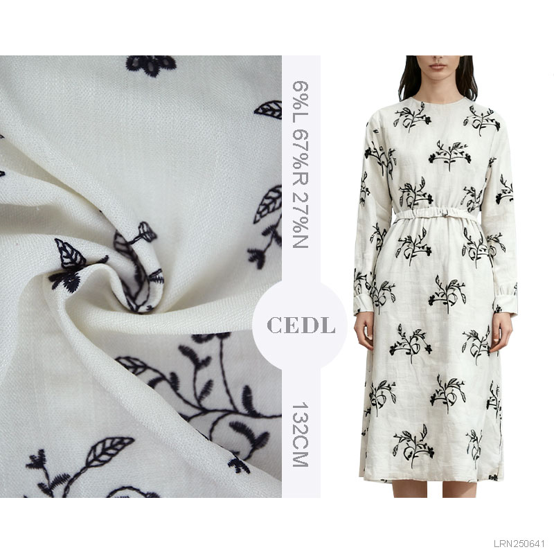 2025 Spring/Summer New Linen Rayon Nylon Blended Embroidery Fabric for Women's Dress or Suit