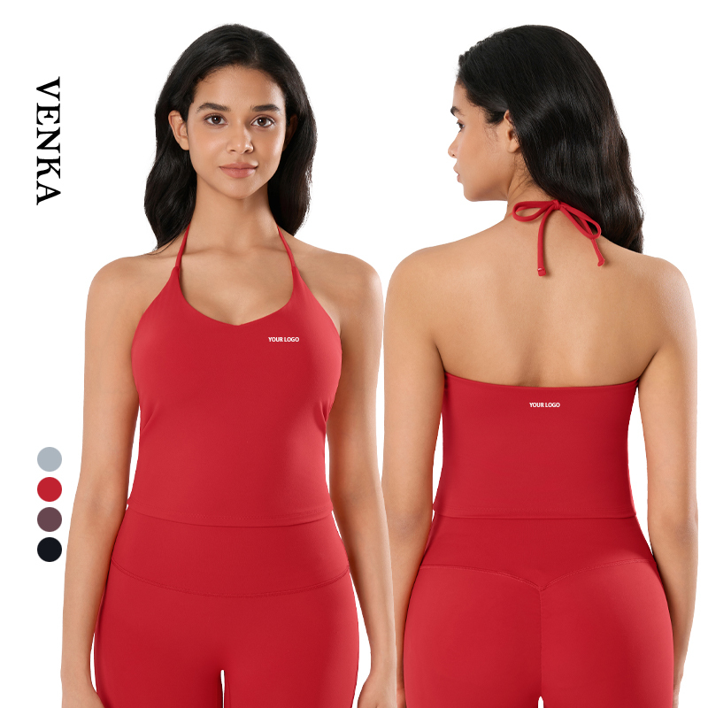 Women Sexy Tie Halter Hollow Out Beautiful Back Deep V-Neck Vest Sleeveless Top With Removable Chest Pad Fitness Yoga Tank Top