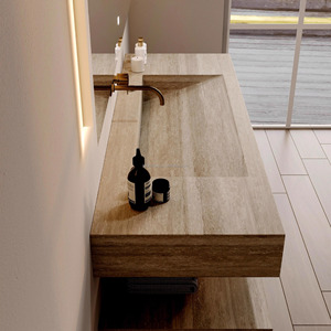 Lavabo double moderne de qualité hôtelière avec vasque rectangulaire en pierre, miroir LED résistant à l'eau, fixation murale classique - Product Image 6