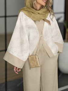 Ensemble deux pièces beige patchwork col en V, chemisier jacquard à manches kimono et pantalon large, 100 % polyester, vêtements islamiques élégants - Product Image 3