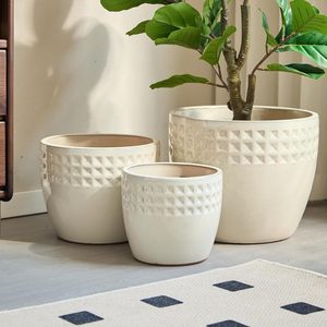 กระถางเซรามิก Mdj Pottery ขนาด 9 12 15 นิ้ว สีขาวเคลือบเงา ลายเพชร ชุด 3 ใบ สำหรับใช้ในสวน - Product Image 1