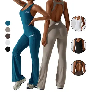 JY Athleisure Fitness Tummy Control Flared Pants Bodysuit Backless Jumpsuit Active Wear One Piece Yoga Jumpsuits for Tall Women