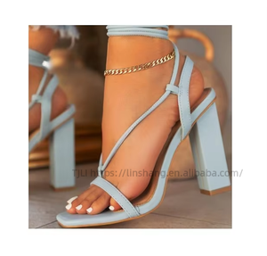 New Heels Sandalias Square <b>Head</b> Large Size 36-43 Strap Pu Rubber High Heel Sandals for Women - Product Image 2