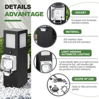 Pilier de prises extérieur étanche IP66 en acier inoxydable 304, avec lampe de cour intégrée