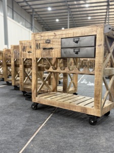 Chariot à vin en bois de manguier rustique moderne, style industriel, meuble de maison avec roulettes pour salon - Product Image 4