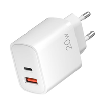 Cargador de Viaje Dual Port 20W PD QC, Tipo-C + USB-A, Compacto, Blanco, Enchufe Europeo, Mini Cargador Portátil para Smartphone