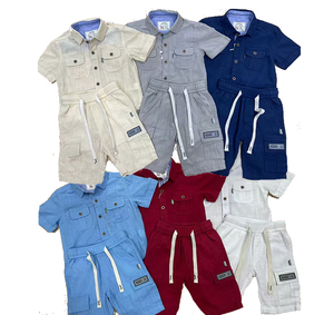 Nouvel ensemble décontracté 2 pièces en <span class=keywords><strong>lin</strong></span> pour enfants, style cargo uni, chemise à manches courtes et short pour l'été, vêtements pour garçons et tout-petits - Product Image 1