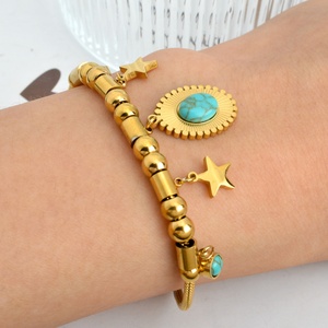 Nuevo Brazalete Ajustable de Acero Inoxidable con Baño de Oro de 18k y Turquesa en Forma de Estrella para Mujer, Brazalete con Circonitas - Product Image 2