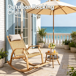 Fauteuil à bascule en rotin <span class=keywords><strong>de</strong></span> style nordique en <span class=keywords><strong>bois</strong></span> massif avec coussin en rotin imperméable et anticorrosion, ensemble table et chaise <span class=keywords><strong>de</strong></span> salon - Product Image 1