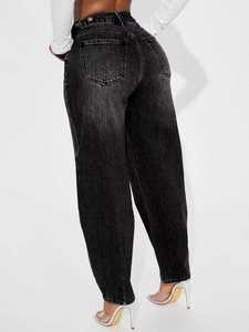 Jeans <span class=keywords><strong>Neri</strong></span> in Denim Stile Vintage con Bottoni Multipli da <span class=keywords><strong>Donna</strong></span>, Vita Media, Estivi, Lavabili, Vestibilità Ampia, Gamba Dritta, Lunghezza alla Caviglia - Product Image 2