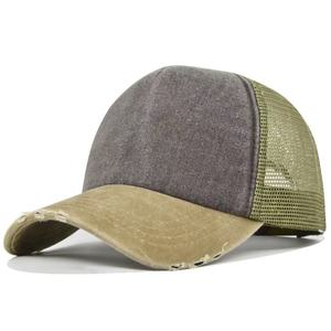Gorra de béisbol de mezclilla vintage lavada transfronteriza de 5 paneles con parte superior suave y malla, personalizada, unisex, con visera curva, color sólido - Product Image 1