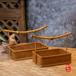Handmade Bamboo Woven Rectangle Tea Snack Tray With Handle Chinese Style Food Container Storage Box - Product Image 1
