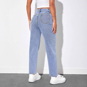 Plus Size Women's Light Blue Straight Leg <b>Jeans</b> High <b>Elasticity</b> Crouching <b>Waist</b> Japanese Korean Leisure Style Europe America - Product Image 1