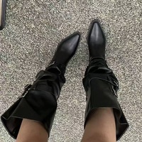 Bottines à talon épais et large, en microfibre, avec boucle en cuir, à tige haute, pour femmes