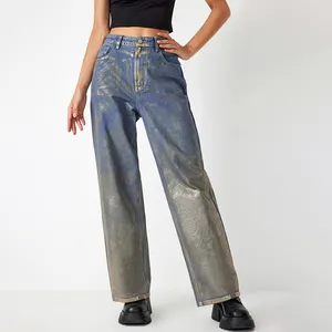 Kadınlar için toptan kot pantolon Colorblock eklenmiş düğme yüksek bel Minimalist gevşek pantolon 2024