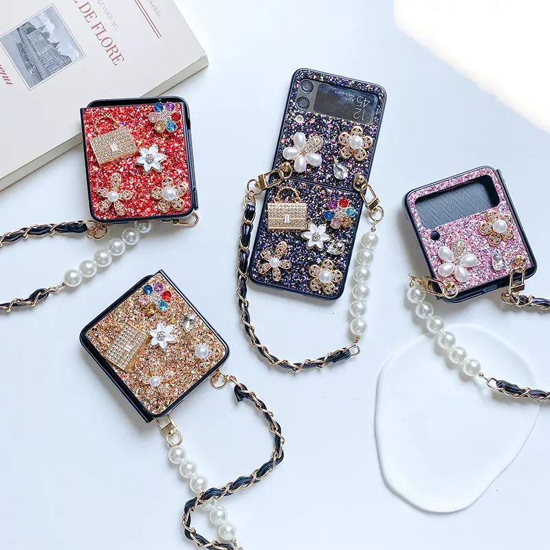 Luxury Bling Glitter Pearl Flower Diamond Metal Bracelet Phone Case For Samsung Z Flip 4 Shockproof Cover For Galaxy Z Flip 3