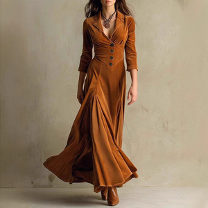 Dropshipping Shopify Plus Size Womens Button Down Lapel Collar Long Sleeve High Waist Flared Maxi Dress Solid Color - Product Image 1