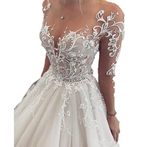 Vestido de Novia Personalizado 2024 con Foto Real, Cuello Redondo Modesto, <span class=keywords><strong>Manga</strong></span> Larga, Adornado con Perlas, Elegante y Encantador, con Encaje y Escote Corazón - Product Image 2