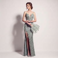 Nouvelle robe de soirée élégante pour femmes, longue, avec bretelles spaghetti, décoration en plumes, paillettes, fente haute pour robe de soirée