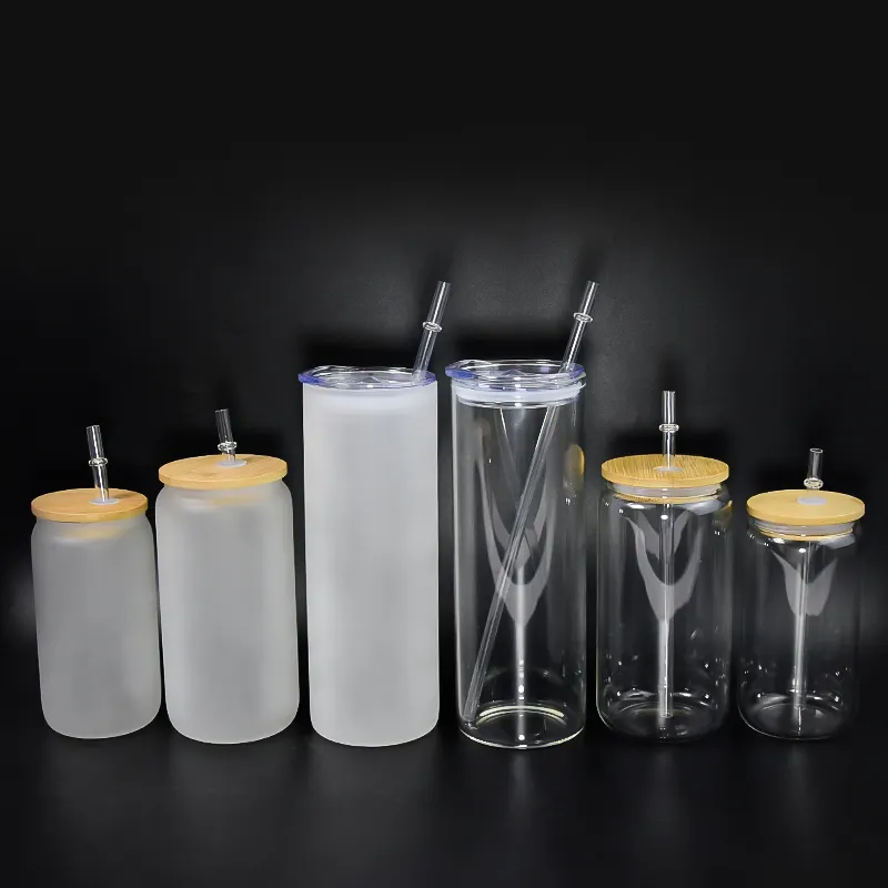 Usa Magazijn Leeg Sublimatie Afdrukken 12Oz 16Oz 25Oz Clear Frosted Cola Melk Sap Bier Kan Glas Met bamboe Deksel En Stro