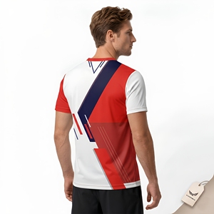 T-shirt à manches courtes pour homme, motif géométrique rouge et blanc, sublimation, coupe classique, séchage rapide, sportif, col rond, tricoté en polyester - Product Image 3