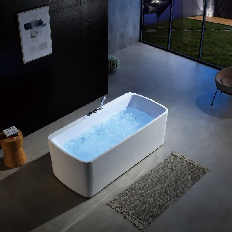 Single Free Standing Massage Whirlpool Bathtub with Bottom LED Strip Relax Acrylic Jacuzzis for Bathroom