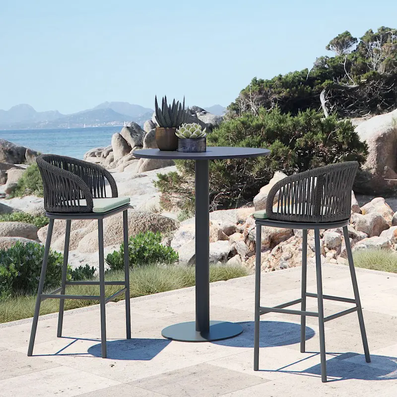 Outdoor bar chair rattan waterproof sunscreen bar back chair hotel open-air teak aluminum iron frame high stool bar table
