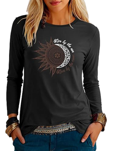 T-shirt à manches longues pour femme, noir, imprimé soleil et lune, col rond, décontracté, 100% coton, respirant, vêtements d'automne - Product Image 1