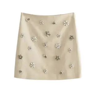 French Style Hand Made Crystal Rhinestone Floral Decor Vintage A line Mini Skirt for Women