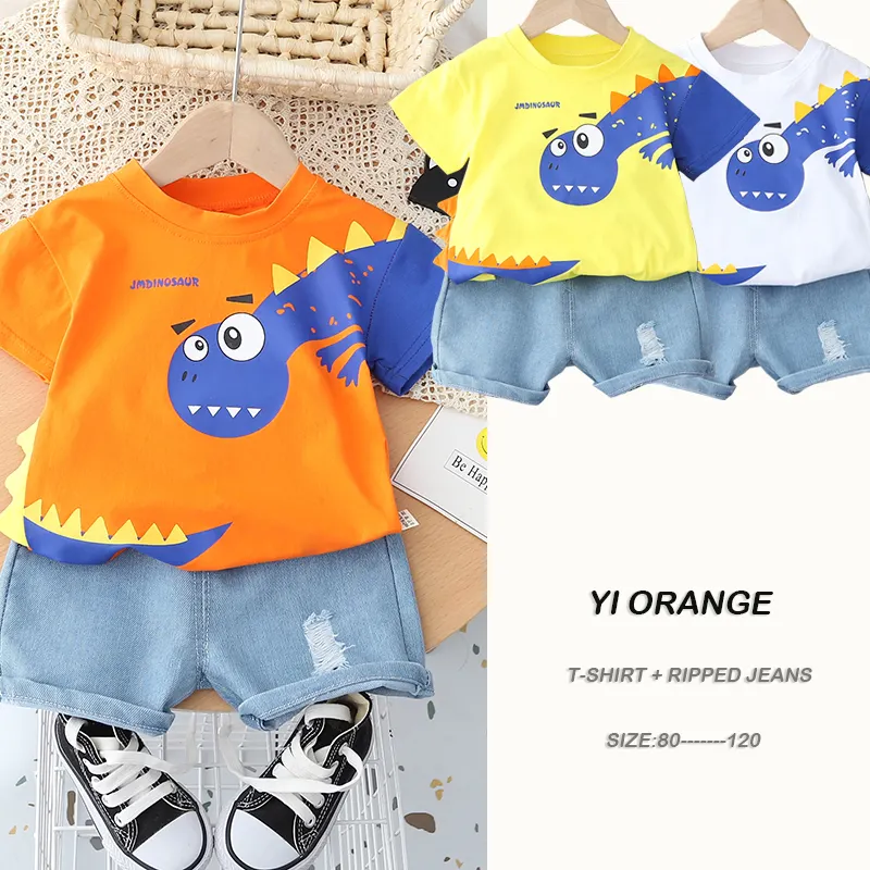 2022 Hot Sale Boys Cute Dinosaur Pattern Colorblock Stretch Cloth Top and Ripped Denim Casual Shorts 2 Piece Set for 2-4 Years O