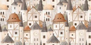 วอลเปเปอร์ลายซ้ำแบบเมืองเทพนิยาย สีครีมนุ่มและสีน้ำตาล ภาพจิตรกรรมฝาผนังหมู่บ้านในนิทานสำหรับตกแต่งห้องสไตล์แฟนตาซี - Product Image 4