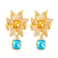 Anting-anting gantung zircon gaya floral biru kuningan 2026 untuk wanita, zircon kubik biru, perhiasan pernyataan mewah vintage, hadiah