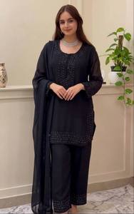 New Designer Party Wear Top-Plazzo Dupatta 3 Pieces Suit Heavy Embroidery <b>Beads</b> Work Free Stretchable Wedding Suit - Product Image 5