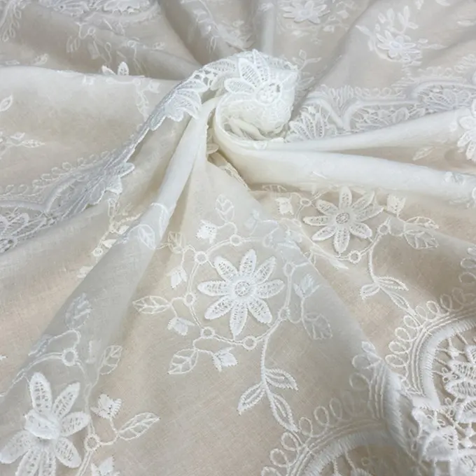 Vintage 130Cm Ivory Women Lace Textile Cotton Flower Embroidery Bridal Dresses Lace Fabric