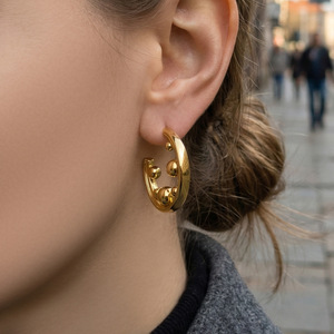 Gold Plated Hoop Earrings with Ball Design for Women Trendy Alloy Jewelry - Product Image 3