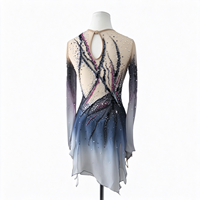 Robe de patinage et de danse dégradé gris-bleu, maille nude, manches longues, ligne de strass en forme de rose, pour enfants et adultes, compétition et performance