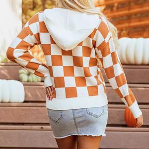 Hot Sale <b>Women's</b> <b>Orange</b> Checkered Stand Collar Sweaters Casual <b>Tops</b> with Front Logo for Winter - Product Image 6
