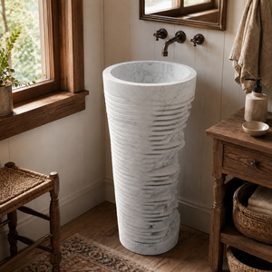 Poulars Wholesale Luxury lavabo autoportant en pierre naturelle et marbre Arabescato Corchia, avec piédestal en pierre artificielle - Product Image 6